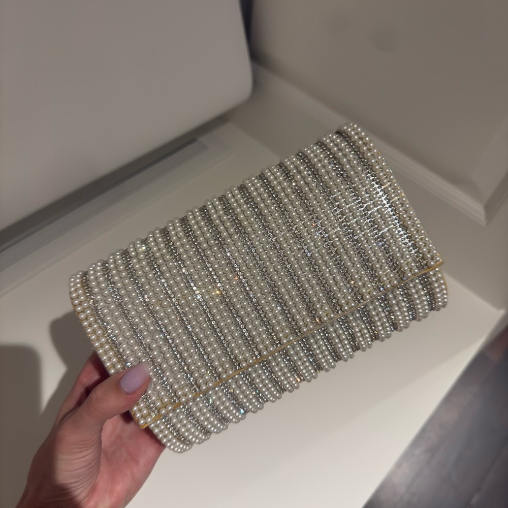 Olga Berg Pearl and Crystal Embellished Clutch in Ivory and Gold